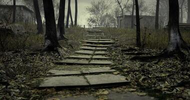 CGI Pathway through an abandoned forest during a cloudy day in autumn video