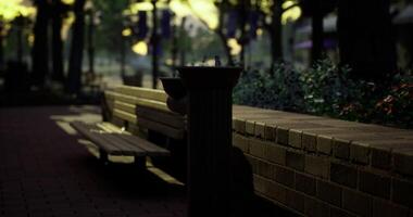 CGI Water fountain and benches in park during evening with soft lighting video