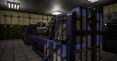 CGI Industrial machinery in a dimly lit workshop at dusk video