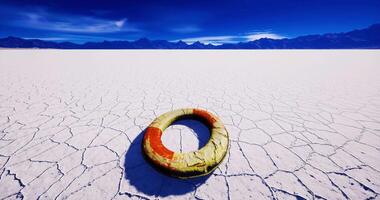 CGI Lifebuoy resting on salt flats under a clear blue sky at midday video