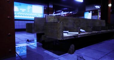 CGI Wooden seating area in modern indoor space with digital screens illuminated video