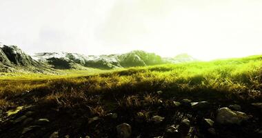 CGI Majestic landscape featuring mountains and lush grass illuminated by sunlight video