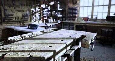 CGI Workshop interior featuring a weathered workbench and tools in bright light video