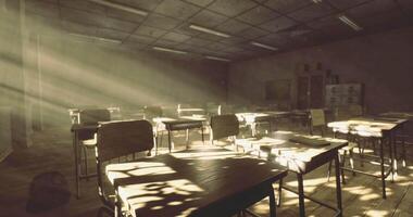 CGI Deserted classroom with sunlight filtering through windows and shadows cast video