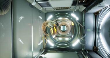 CGI Unique creature exploring the interior of a futuristic spacecraft in space video