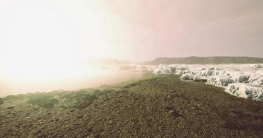 CGI Frosty landscape at sunrise near glaciers in a remote coastal region video