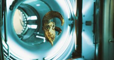 CGI Ram skull drifts in zero gravity aboard the international space station video
