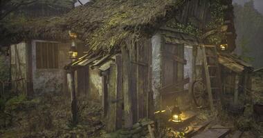 CGI Old rustic cottage surrounded by trees and lanterns at dusk video