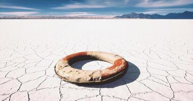 CGI Lifebuoy on dry salt flat with mountains in the background during daytime video