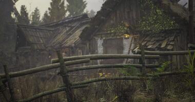 CGI Rustic cottage nestled in a forest clearing during overcast weather video