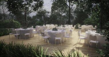 CGI Outdoor dining setup for a special event in a natural setting at dusk video