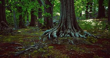 CGI Exploring the dense forest with towering trees and vibrant greenery in spring video
