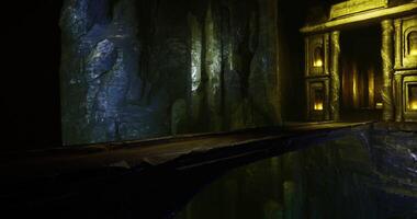 CGI Mysterious underground passage with illuminated columns and rocky walls video