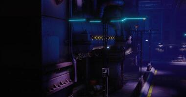 CGI Exploring a dimly lit industrial space with illuminated walls and machinery video