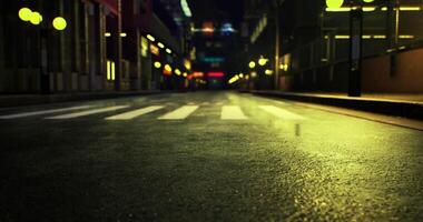 CGI Empty city street with wet pavement and glowing streetlights at night video