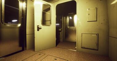 CGI Empty subway train interior with open doors at nighttime video
