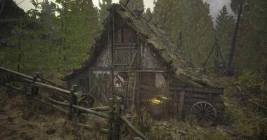 CGI Old rustic cabin surrounded by forest at dusk video