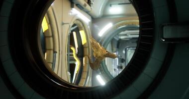 CGI Ram skull floats in zero gravity on the space station for research video