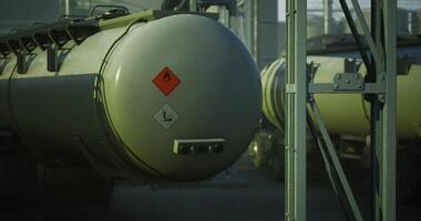 CGI Industrial storage tanks with warning labels in a facility during the day video