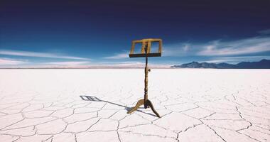 CGI Empty music stand sits alone on cracked salt flats under a vast sky video