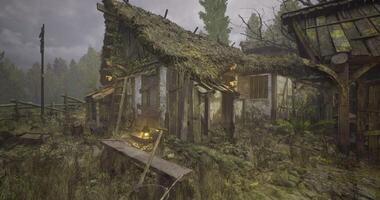 CGI Abandoned cottage in a misty forest during overcast weather video