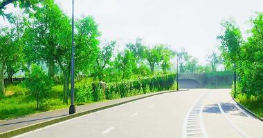 CGI Serene pathway with lush greenery and sunlight in a quiet urban area video