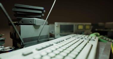 CGI Old computer equipment on a desk with a keyboard and various devices video