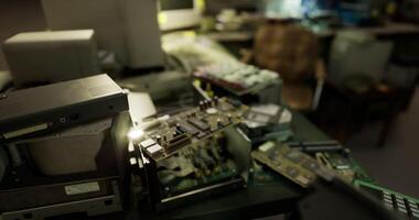 CGI Tech equipment scattered on a workshop table in a busy repair shop video
