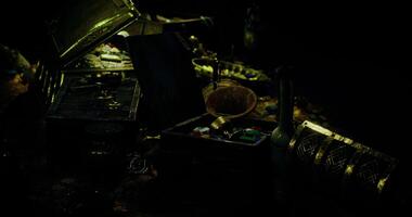 CGI Exploring hidden treasures in a dimly lit, mysterious setting video