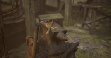 CGI Blacksmiths anvil with tools in a rustic workshop surrounded by nature video