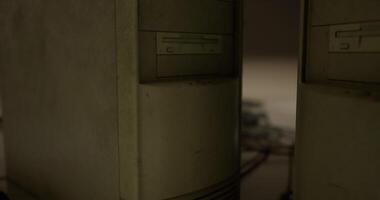CGI Abandoned computer equipment in dusty storage room highlights neglect video