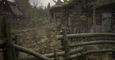 CGI Old village with rustic houses and wooden fence in a misty landscape video