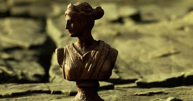 CGI Sculpture of a woman in classical attire on a rocky surface in natural light video
