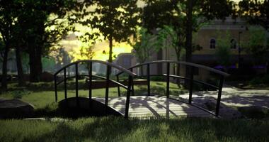 CGI Serene park bridge at sunset with lush greenery and gentle lighting video