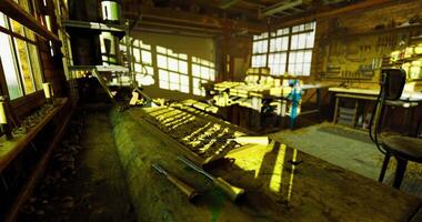 CGI Woodworking tools and workspace illuminated by sunlight in a workshop video