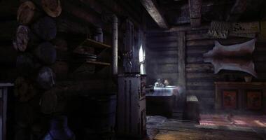 CGI Cozy interior of a rustic cabin with light streaming through the window video