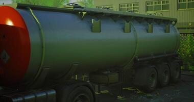 CGI Heavy duty tanker truck near an industrial building in a greenish environment video