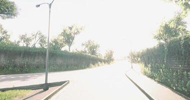 CGI Bright afternoon on a suburban road with lush greenery lining the pathway video