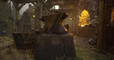 CGI Ancient forge enticingly glows in the twilight mist with handcrafted tools video