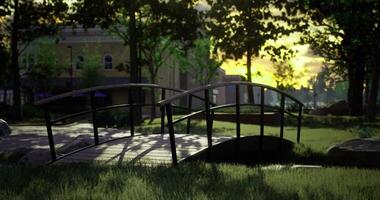 CGI Bridge over tranquil waters at sunset in a city park setting video