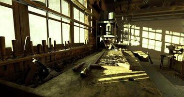 CGI Woodworking tools arranged in a sunlit workshop during early afternoon hours video