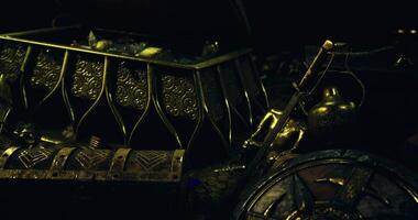 CGI Treasure chest filled with ancient artifacts and gold in a dark setting video