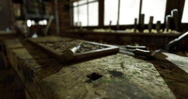 CGI Craftsmanship in an old workshop with tools and wood detail video