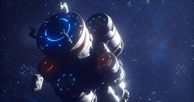 CGI Asteroids floating in space with bright cosmic background and light rays video