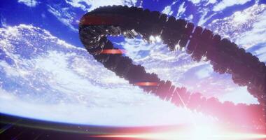 CGI Futuristic space structure orbiting Earth during a stunning sunset video