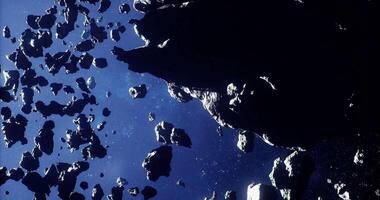 CGI Exploring the vast field of asteroids in deep space with floating debris video
