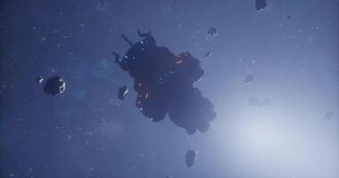 CGI Asteroid field exploration with a large spaceship in the dark universe video