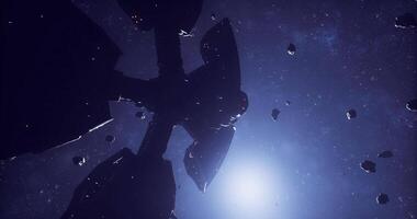 CGI Spaceship navigating asteroid field in deep space with distant star glow video