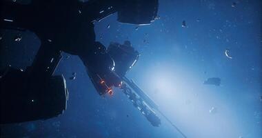 CGI Space exploration vessel navigating through an asteroid field at dusk video