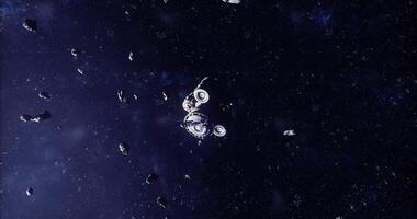 CGI Exploring a futuristic space station amidst a field of asteroids video